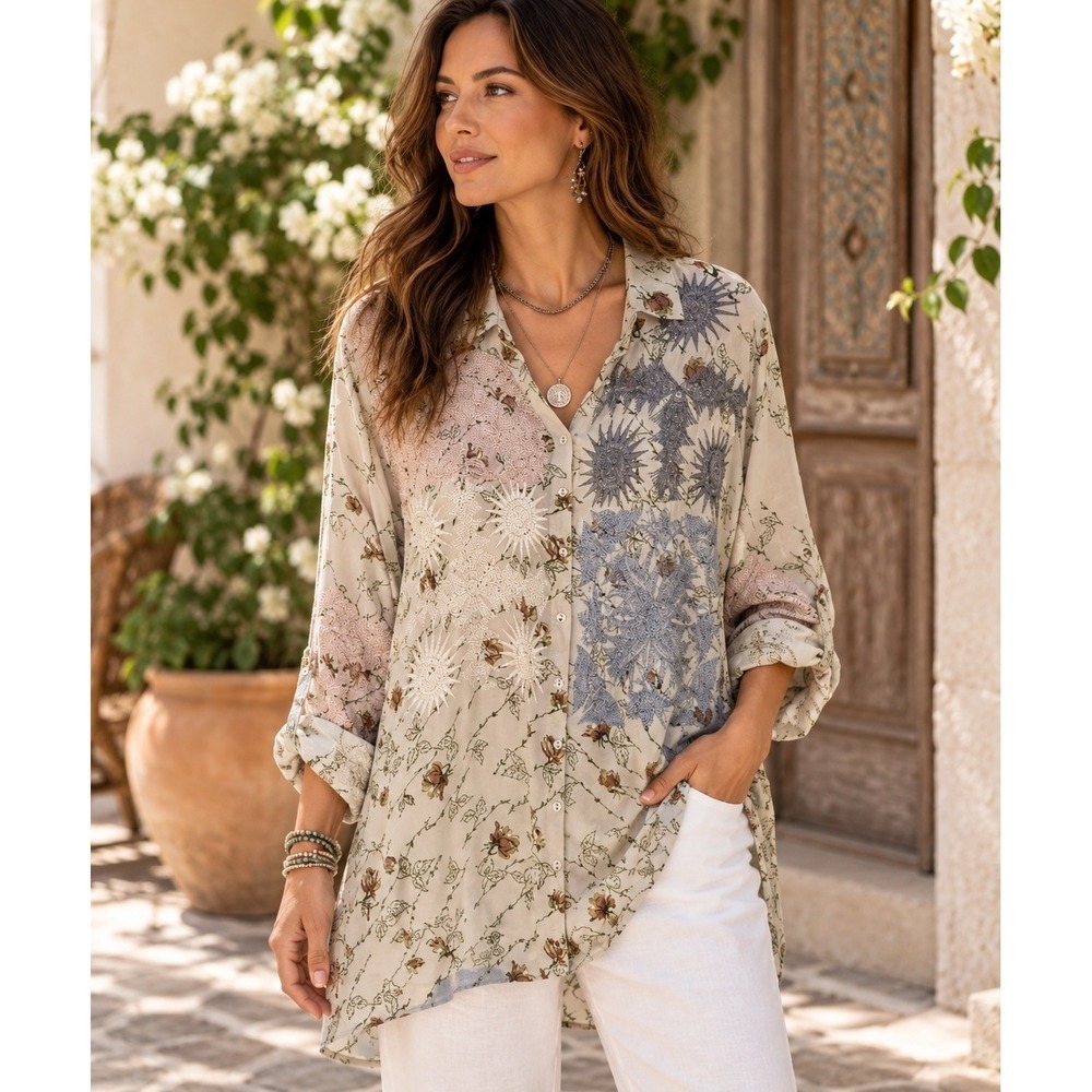 Johnny Was Biya Silk Tunic Blouse Womens S Embroidered Floral Boho Button Front